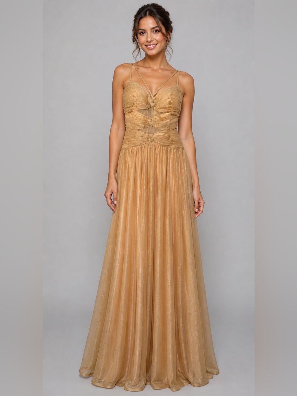 New AW Bridal Champagne Gold
Shimmer Chiffon Maxi Dress
Ruched Bodice Size 6